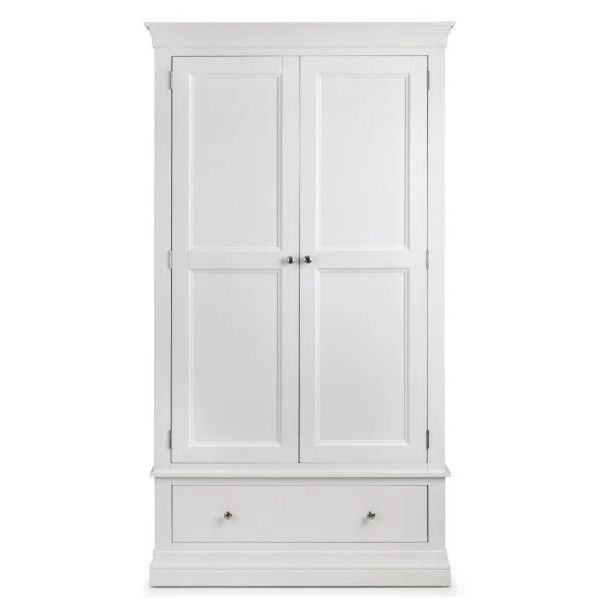 Full front view of the white Camille wardrobe, showcasing its elegant wooden frame, panelled doors, and pedestal base.