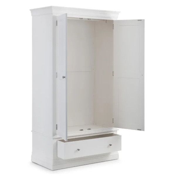 Interior view of the white Camille wardrobe with both doors swung open to reveal the spacious wooden hanging compartment.