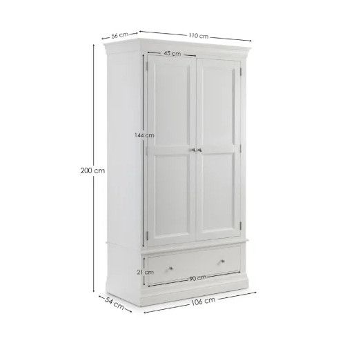 Technical diagram showing dimensions of the stone-white Camille wardrobe on a plain background.