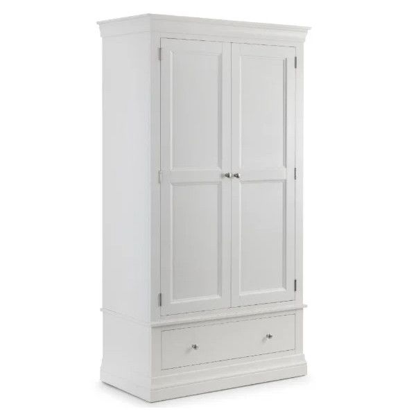 Stone-white Camille wardrobe with double doors and a lower drawer, featuring traditional ornate wooden detailing.