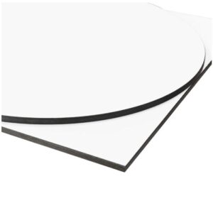 White round and square Compact Groove Fix laminate table tops with a slim black edge profile in a high-angle studio shot.