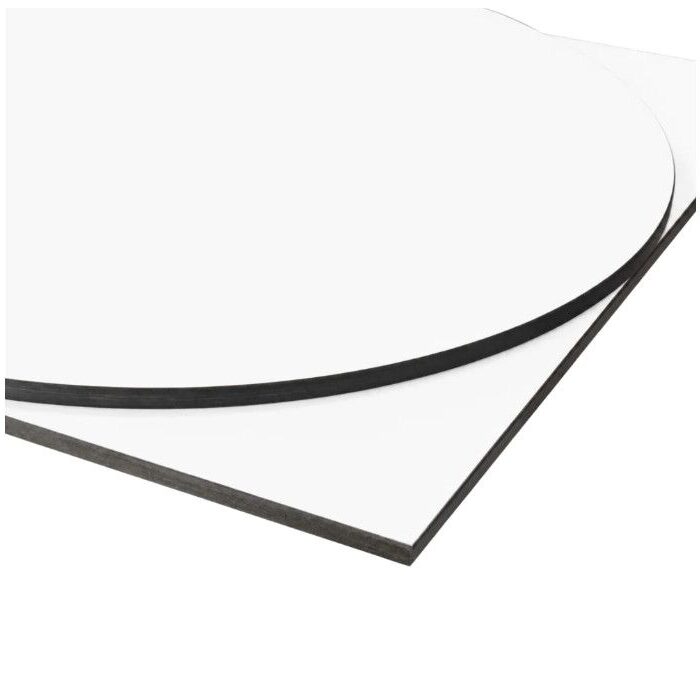 White round and square Compact Groove Fix laminate table tops with a slim black edge profile in a high-angle studio shot.