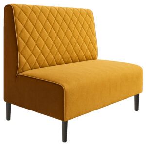 Mustard yellow Diamond Quilt Bench Banquette with upholstered back and smooth seat on dark wooden legs, side angle view.