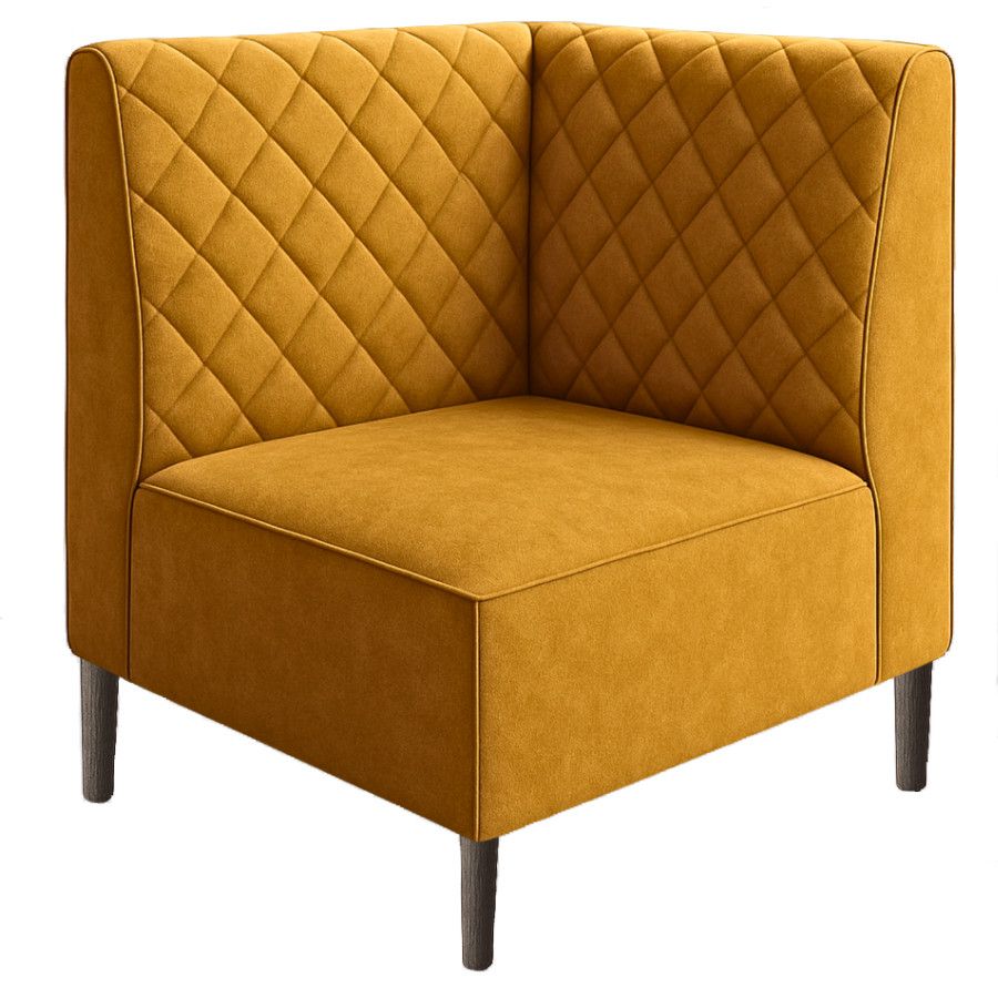 Corner Diamond Quilt Bench Banquette in gold fabric with a textured backrest and minimalist wooden legs.