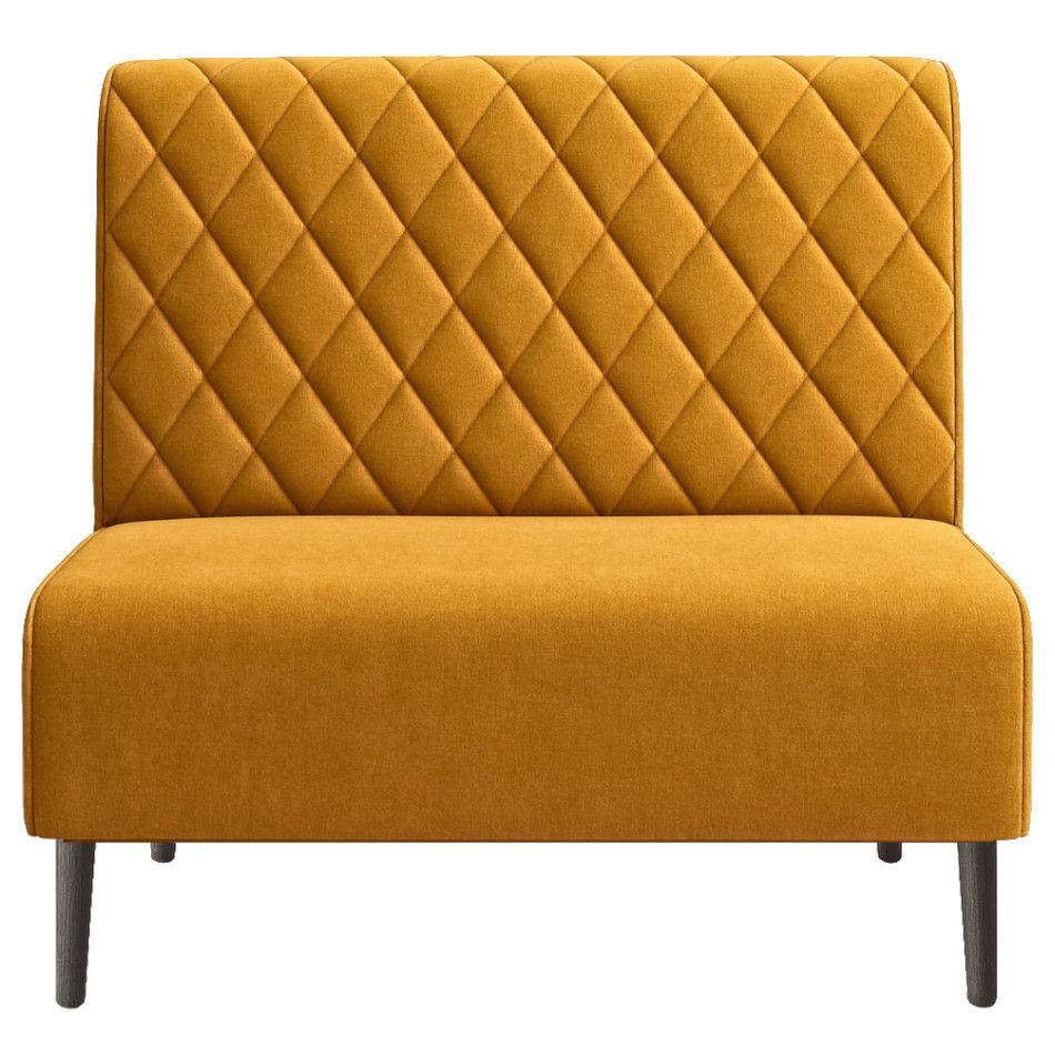 Diamond Quilt Bench Banquette in ochre fabric, showing a flat-on perspective of the padded back and simple wooden base.