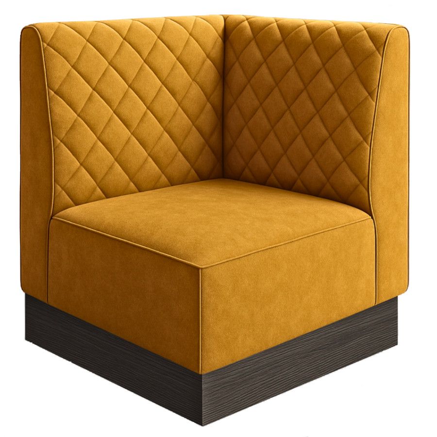Corner Diamond Quilt Plinth Banquette in gold velvet with a solid dark wood base for bespoke modular seating layouts.