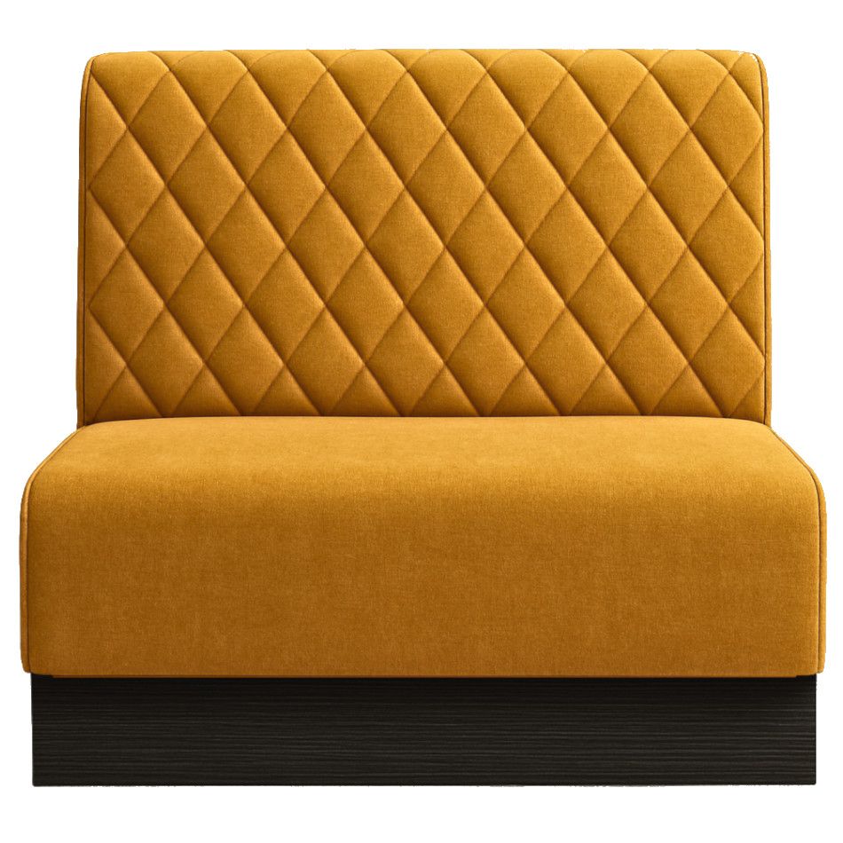 Front view of a Diamond Quilt Plinth Banquette featuring bright yellow fabric, diamond stitching, and a dark wood base.