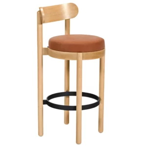 Three-quarter angle view of a Doris Barstool with a rich brown leather seat, natural wood frame, and black foot ring.