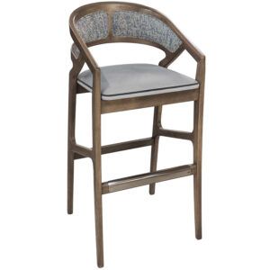 Florence barstool with dark wood frame, textured back panel, grey upholstered seat, and metal footrest in studio view.