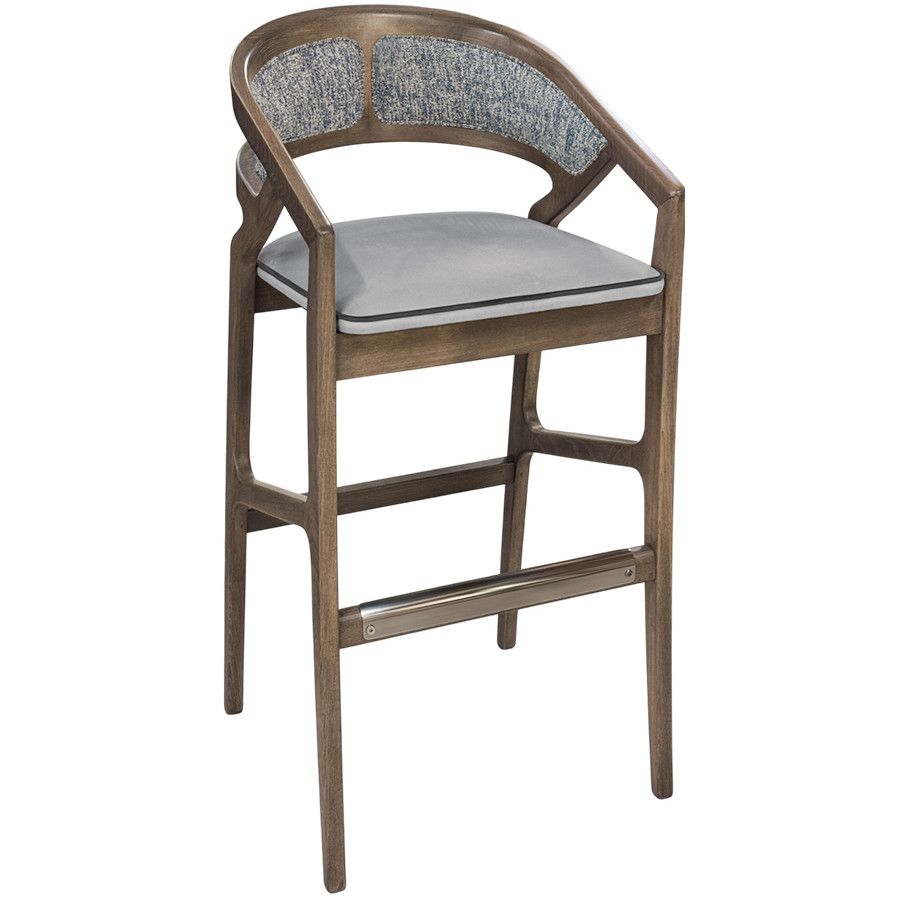 Florence barstool with dark wood frame, textured back panel, grey upholstered seat, and metal footrest in studio view.