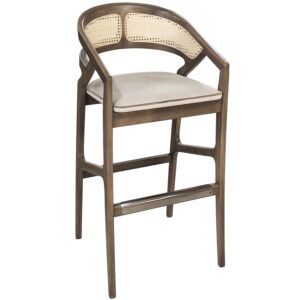 Front view of the Florence Barstool showing its upholstered seat, cane-detailed back, and metal footrest on a wood frame.