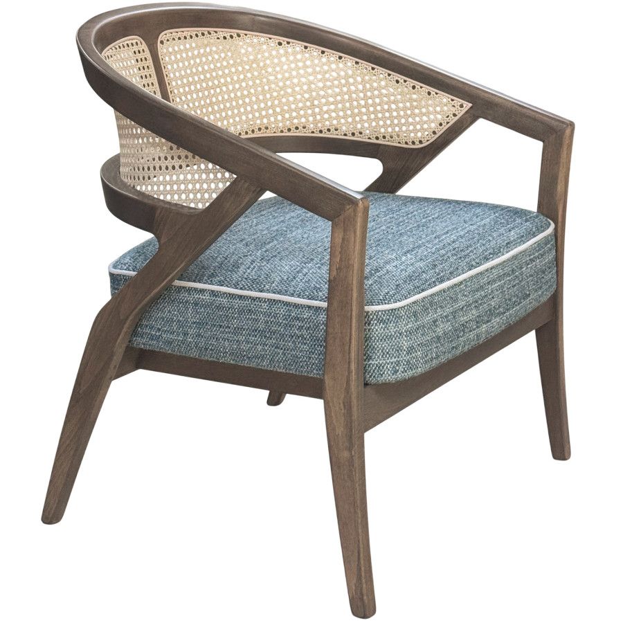 Three-quarter view of the Florence Cane Lounge Chair, highlighting its dark wood frame, woven rattan back, and teal seat.