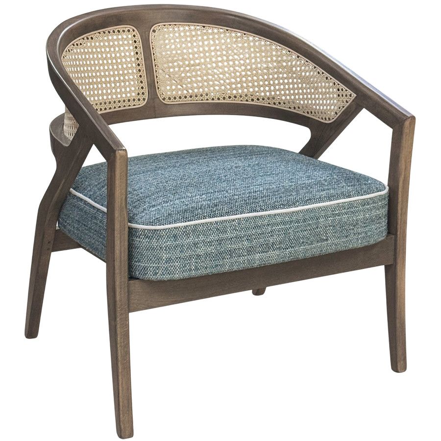 Front view of the Florence Cane Lounge Chair with a dark timber frame, natural woven rattan back, and teal seat cushion.