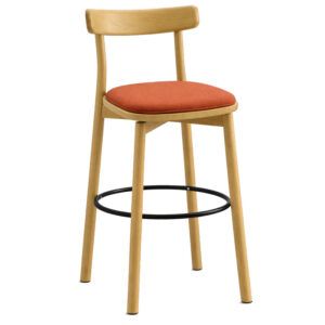 Fondina barstool with light wood frame, curved backrest, and orange upholstered seat with a black circular footrest.
