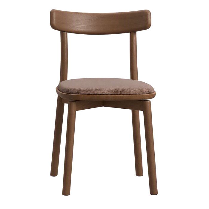 Fondina side chair in light wood with a curved backrest and upholstered seat, front view on a white background.