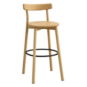 Fondina W Barstool in natural light wood with a curved backrest and black metal footrest ring on a white background.
