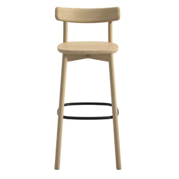 Front view of the Fondina W Barstool featuring a smooth oak frame, ergonomic backrest, and dark metal footring.