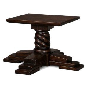 Heritage coffee table base in dark wood with a twisted central column and stepped four-footed pedestal design.