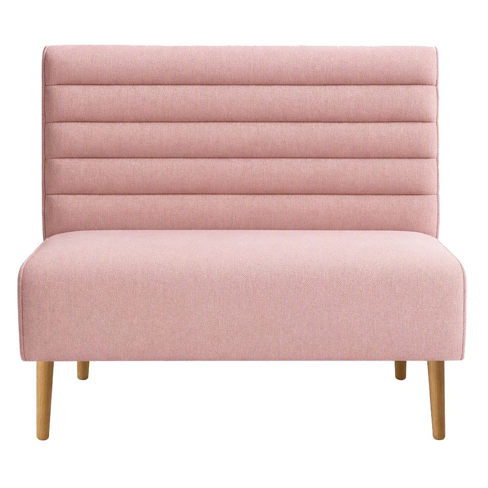 Front view of a horizontal flute bench banquette in dusty rose fabric, supported by light wooden legs.