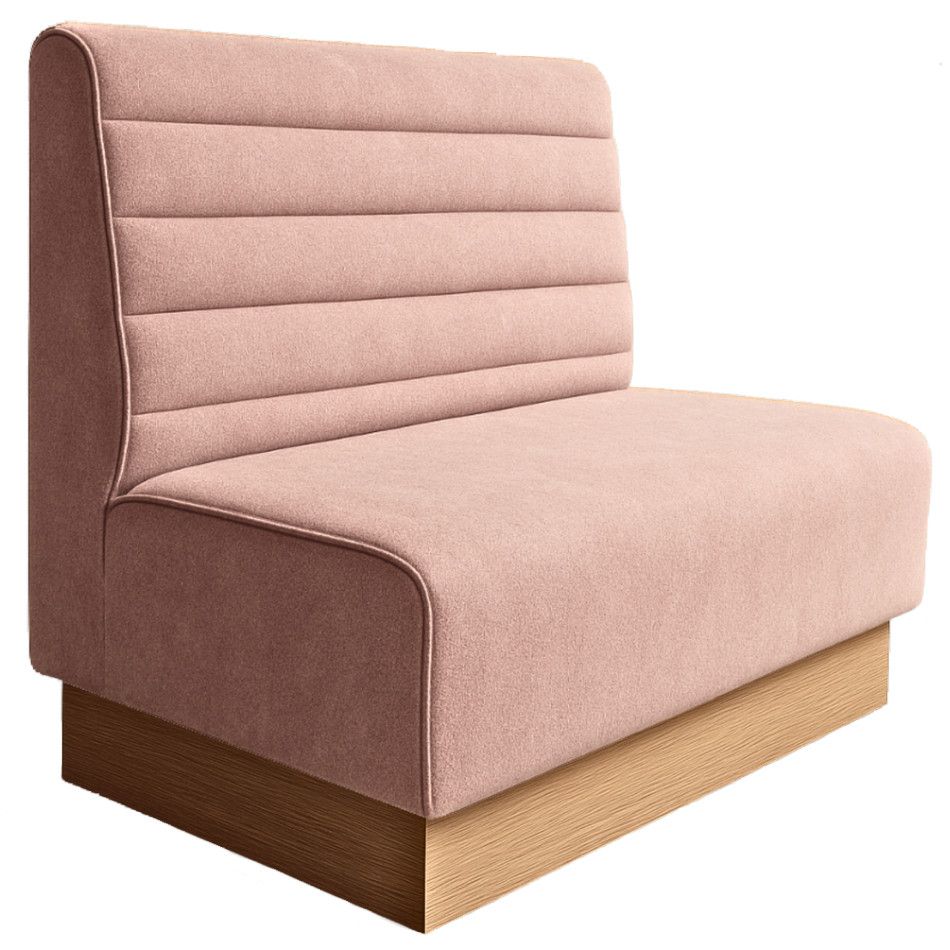 Pink upholstered horizontal flute plinth banquette bench with a wooden base, shown from a three-quarter angle.