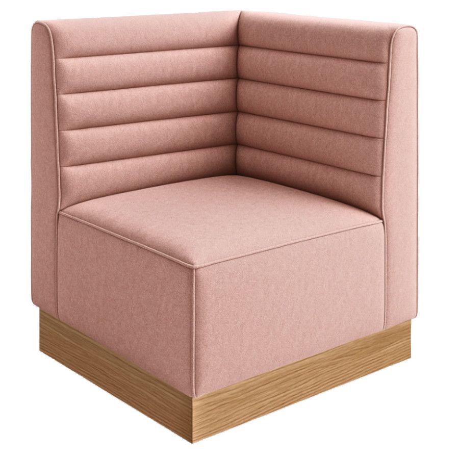 Corner view of a dusty pink horizontal flute banquette featuring an upholstered seat and natural wooden plinth base.