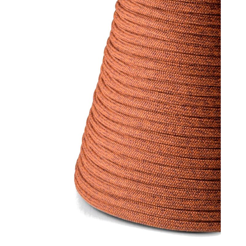Macro shot of the Ikon Twist dining table base showing the detailed terracotta rope texture wrapping the conical form.