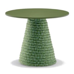 Green Ikon Twist dining table with a tapered, rope-wrapped polypropylene base and matching round top.
