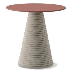 Ikon Twist dining table featuring a round dusty rose tabletop set upon a neutral beige rope-wrapped pedestal base.