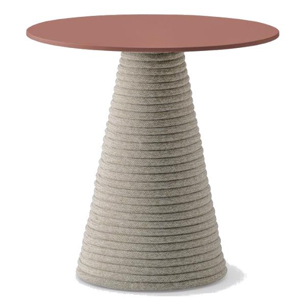 Ikon Twist dining table featuring a round dusty rose tabletop set upon a neutral beige rope-wrapped pedestal base.