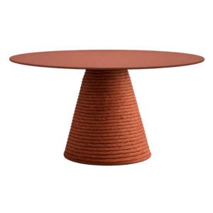 Terracotta Ikon Twist dining table with a round top and a sculptural, rope-wrapped tapered pedestal base.