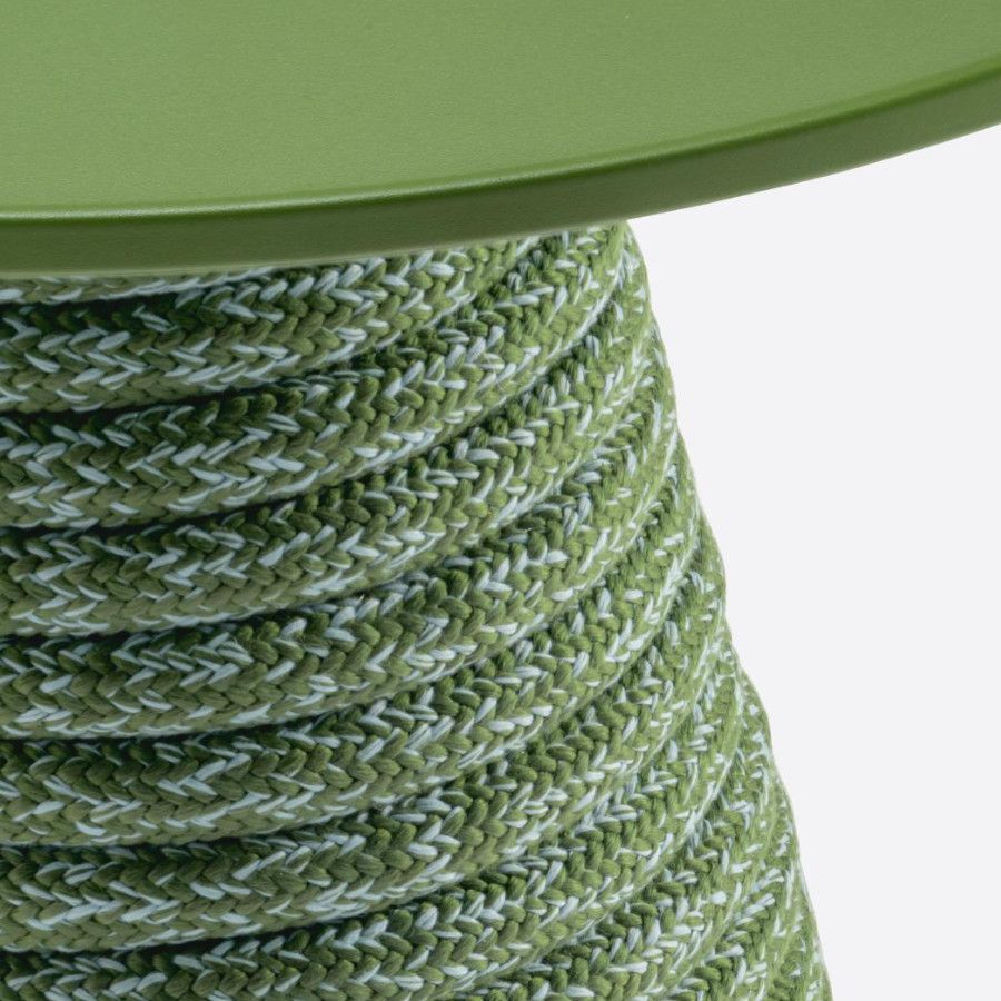 Close-up detail of the Ikon Twist dining table base, highlighting the textured green woven rope wrapped around its core.