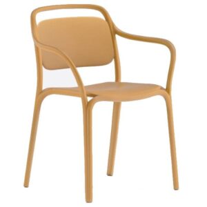 Mustard yellow Libre Armchair by Pedrali, a stackable outdoor side chair in moulded polypropylene with a modern design.