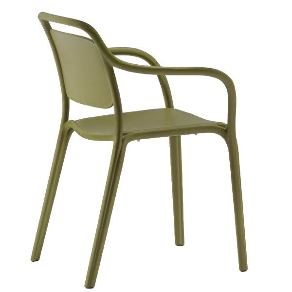Olive green Libre Armchair shown from a rear three-quarter angle, highlighting its stackable polypropylene frame.
