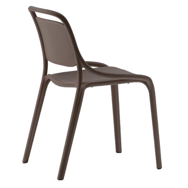 Three-quarter rear view of a brown Libre Side Chair showing its stackable, rounded polypropylene frame and contoured seat.