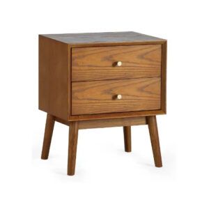 Lowry bedside table in solid oak with two drawers, tapered legs, and round silver knobs on a white background.
