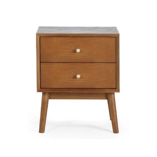 Front view of the Lowry bedside table featuring a warm oak finish, two storage drawers, and sleek mid-century legs.