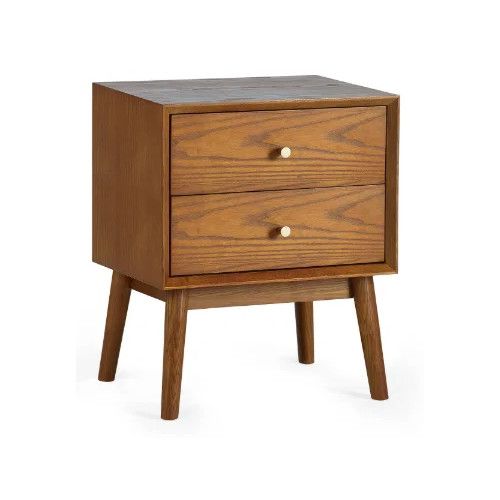 Lowry bedside table in solid oak with two drawers, tapered legs, and round silver knobs on a white background.