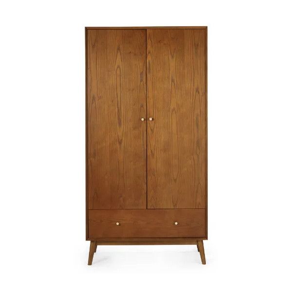 Close-up view of the Lowry wardrobe highlighting the natural oak grain patterns and minimalist gold circular knobs.