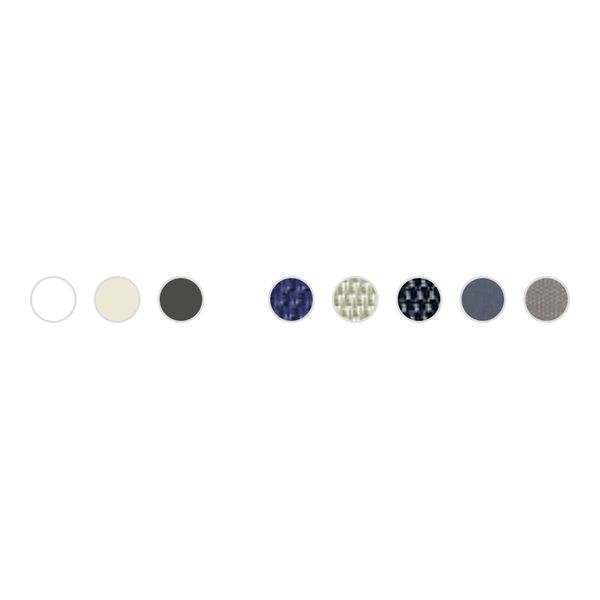 Swatches of frame finishes and fabric textures available for the Mimi sun lounger, showing various colors and weaves.