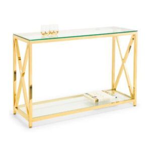Miami Console Table with gold X-frame metal base, two glass shelves, and a contemporary rectangular design.