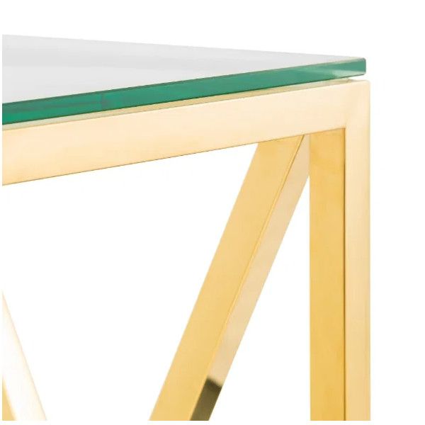 Close-up view of the Miami Console Table showing the sleek gold frame and smooth glass top surface.
