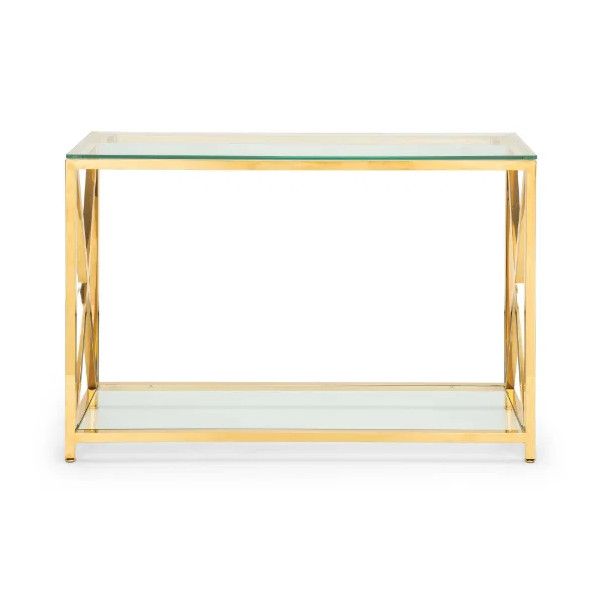 Front view of the Miami Console Table, featuring a polished gold metal frame and two-tier clear glass shelving.