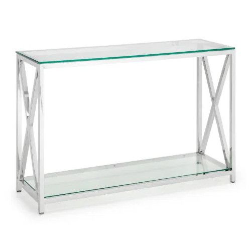 Three-quarter angle view of the Miami Console Table, showing its chrome frame and dual glass shelving surfaces.