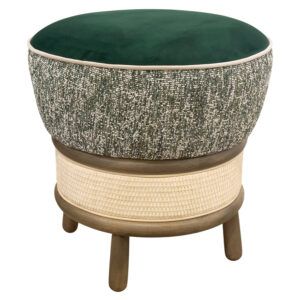 Miko Low Stool with a green velvet top, textured fabric side, woven rattan base, and wooden legs on a white background.
