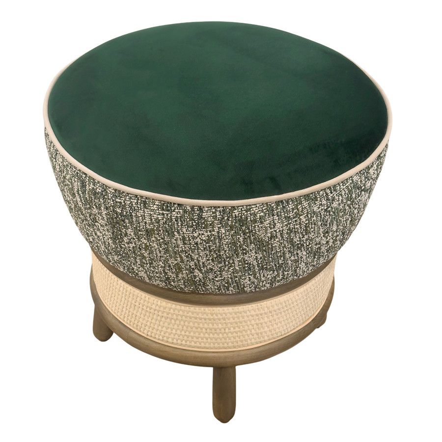 High-angle view of a Miko Low Stool with a dark green velvet seat, tweed sides, and a natural cane base on legs.