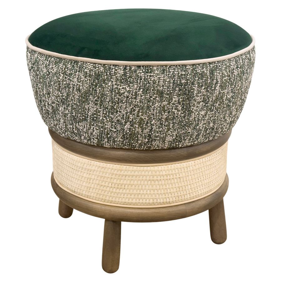 Miko Low Stool with a green velvet top, textured fabric side, woven rattan base, and wooden legs on a white background.