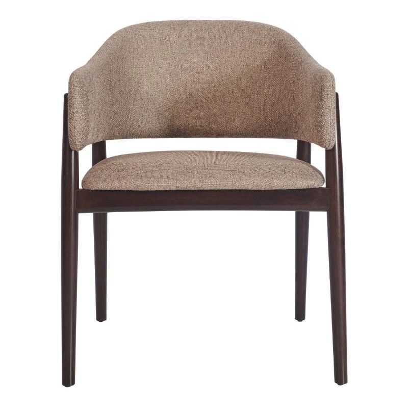 Straight-on studio shot of the Milo Armchair featuring a dark wooden frame and brown woven fabric upholstery.