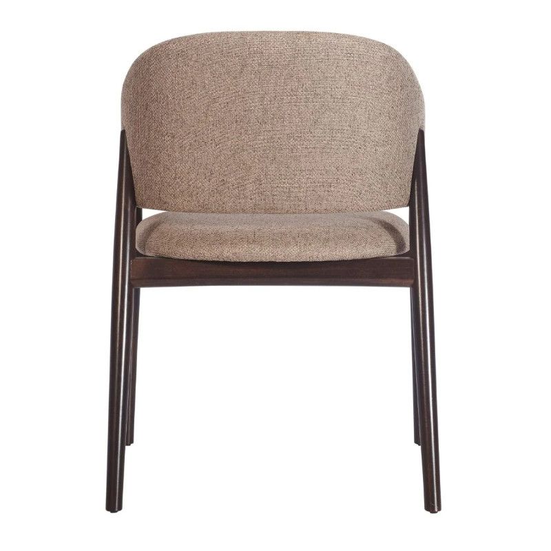 Rear view of the Milo Armchair showing a dark wood frame and curved upholstered backrest in neutral fabric.