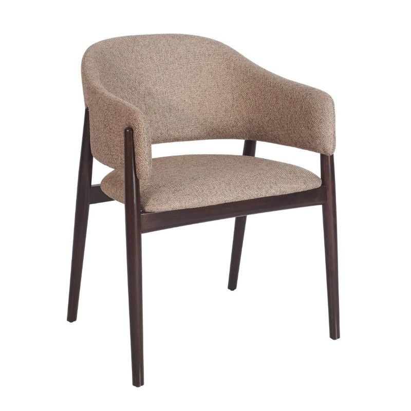 Milo Armchair with dark wood frame and curved upholstered back and seat in a textured beige fabric, front angle view.