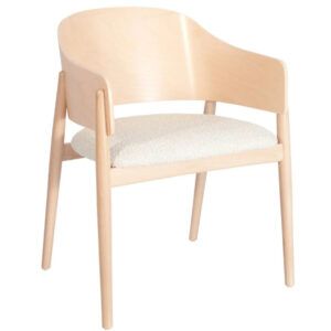 Milo W Armchair with a light wood frame and textured white upholstered seat in a contemporary 4-legged design.